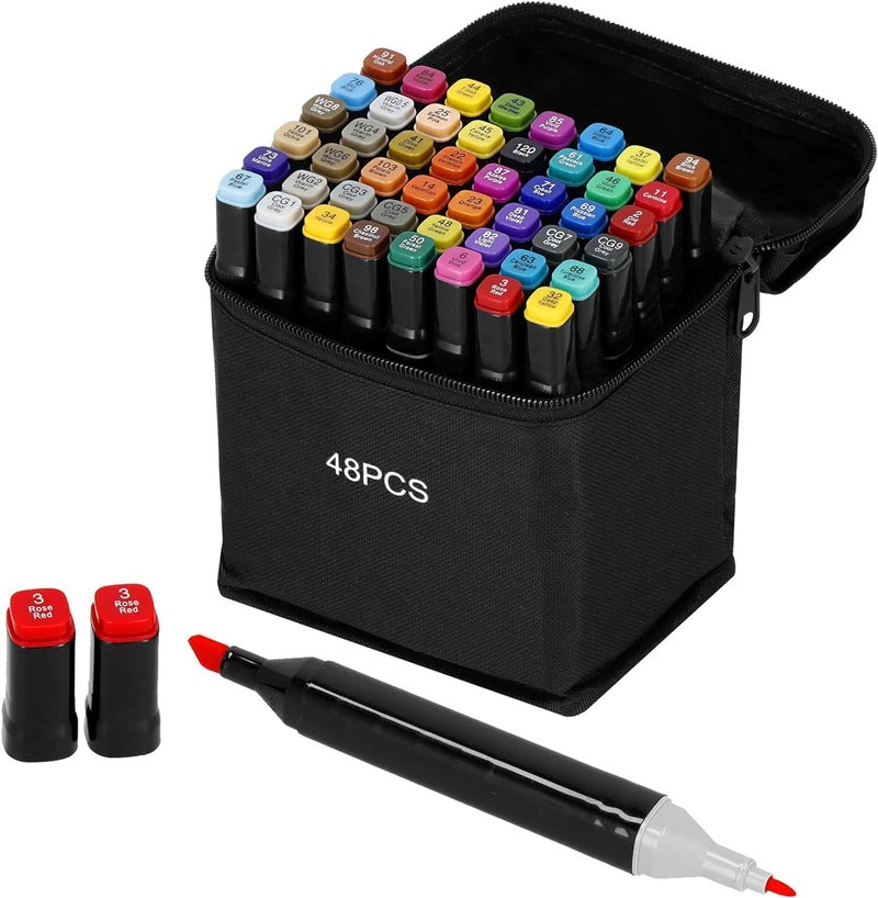 CALIST Dual Tip Colorful Art Markers Sketch Pens 48 Colors With Carrying Case For Painting Sketching Calligraphy Drawing -Twin Head Permanent Colouring Marker Pens For Kids Adult, Multicolor - Image 1