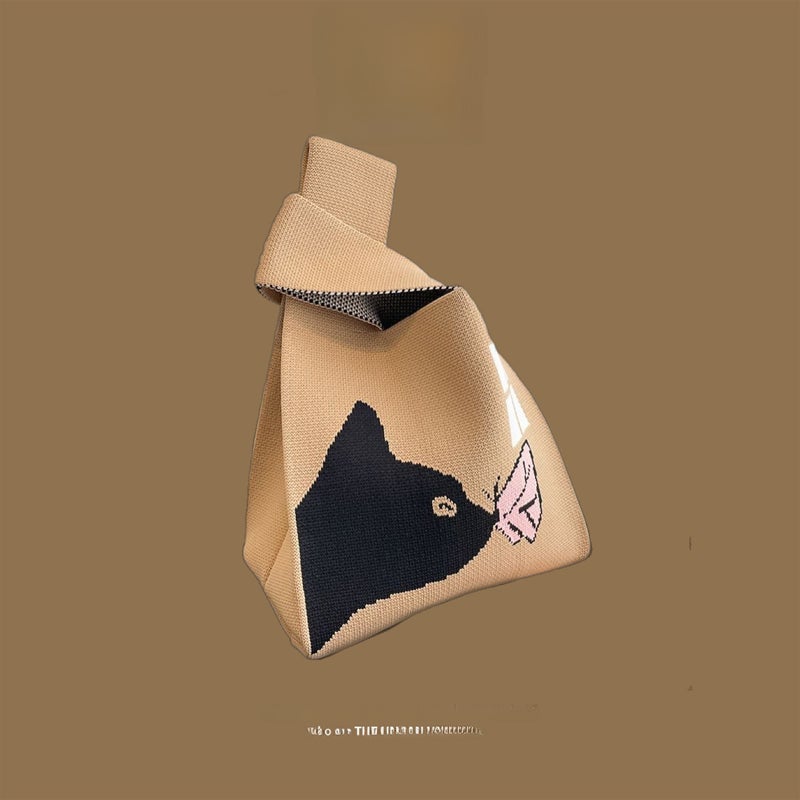 2024 Trendy Knitted Bucket Handbag Black cat butterfly 