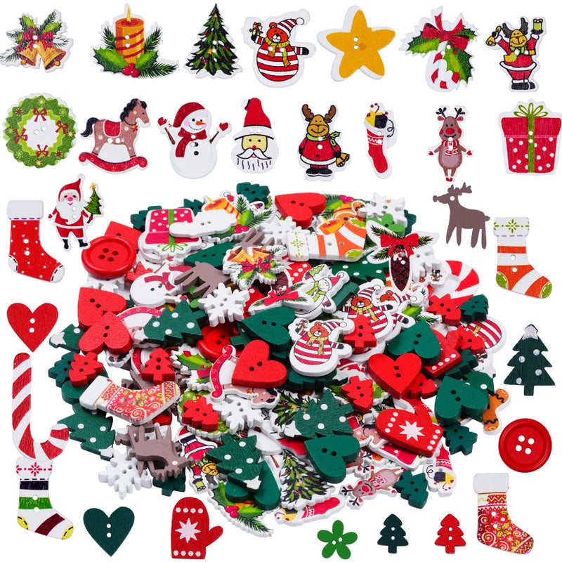 yeabwps 200 Pieces Christmas Wooden Buttons Assorted Christmas Art Craft Buttons for Handmade Project Mixed Sizes and Styles