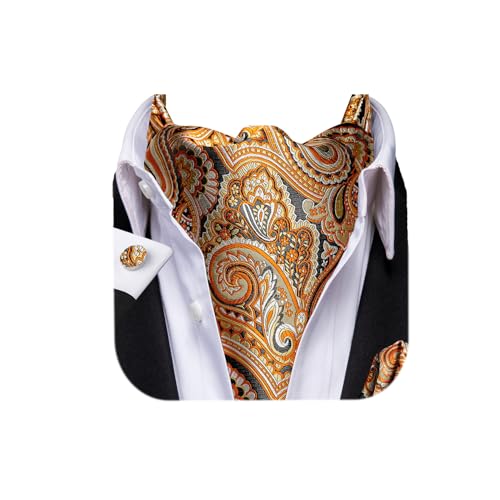 Dubulle Paisley Floral Ascot for Men Self Tie Mens Cravat and Pocket Square Cufflinks Wedding,Orange - Image 1