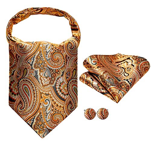 Dubulle Paisley Floral Ascot for Men Self Tie Mens Cravat and Pocket Square Cufflinks Wedding,Orange - Image 3
