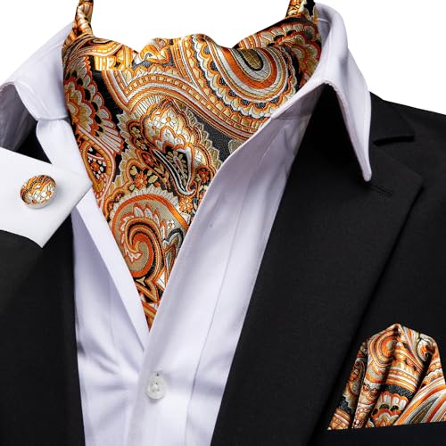 Dubulle Paisley Floral Ascot for Men Self Tie Mens Cravat and Pocket Square Cufflinks Wedding,Orange - Image 2