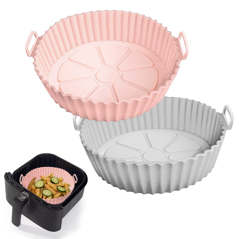 2 Pack Air Fryer Silicone Liners for 5 QT or BiggerSilicone Air Fryer Liners InsertsReplacement of Flammable Parchment PaperReusable Baking Tray Oven AccessoriesPinkGreyTop866in Bottom748in