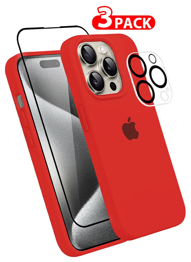 CATANES - 3 Packs For iPhone 15 Pro Max Case Screen Protector and Camera Lens Protector Upgrade Defender Silicone Cover ShockProof Anti-Scratch Protective Phone Case Red - Image 1