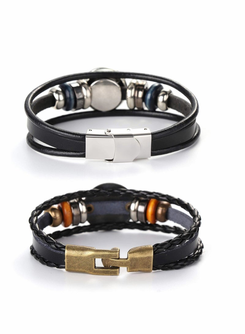 KASTWAVE 12 Constellation Bracelet, Braided Leather Bracelet Vintage Hand Braided Punk Chain Bracelet 8.0" 8.5" 2 Pieces - Image 3