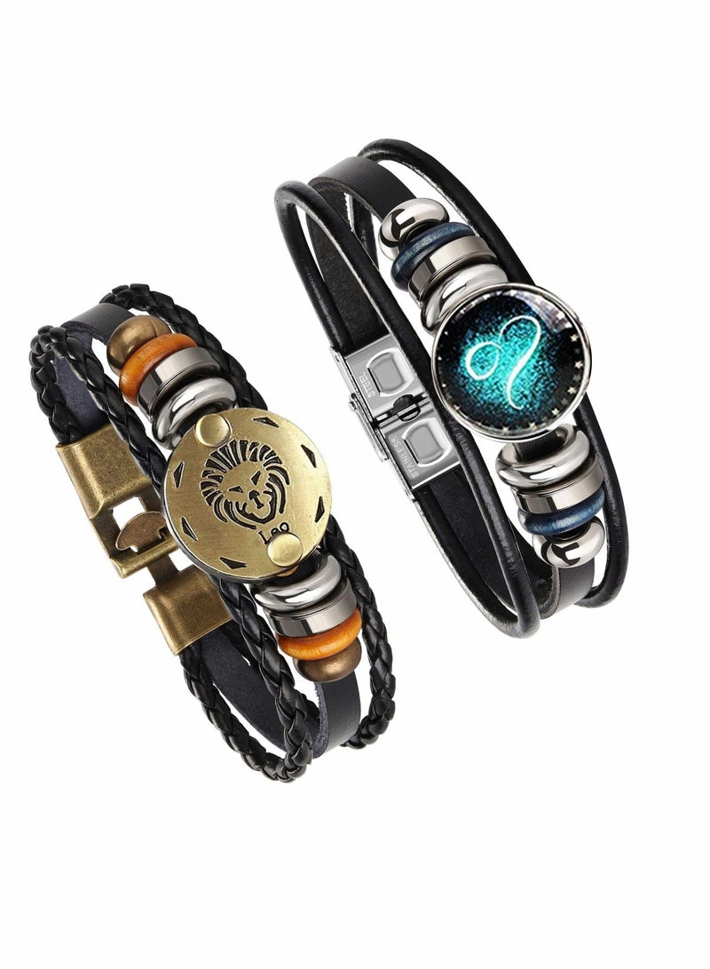 KASTWAVE 12 Constellation Bracelet, Braided Leather Bracelet Vintage Hand Braided Punk Chain Bracelet 8.0" 8.5" 2 Pieces - Image 4