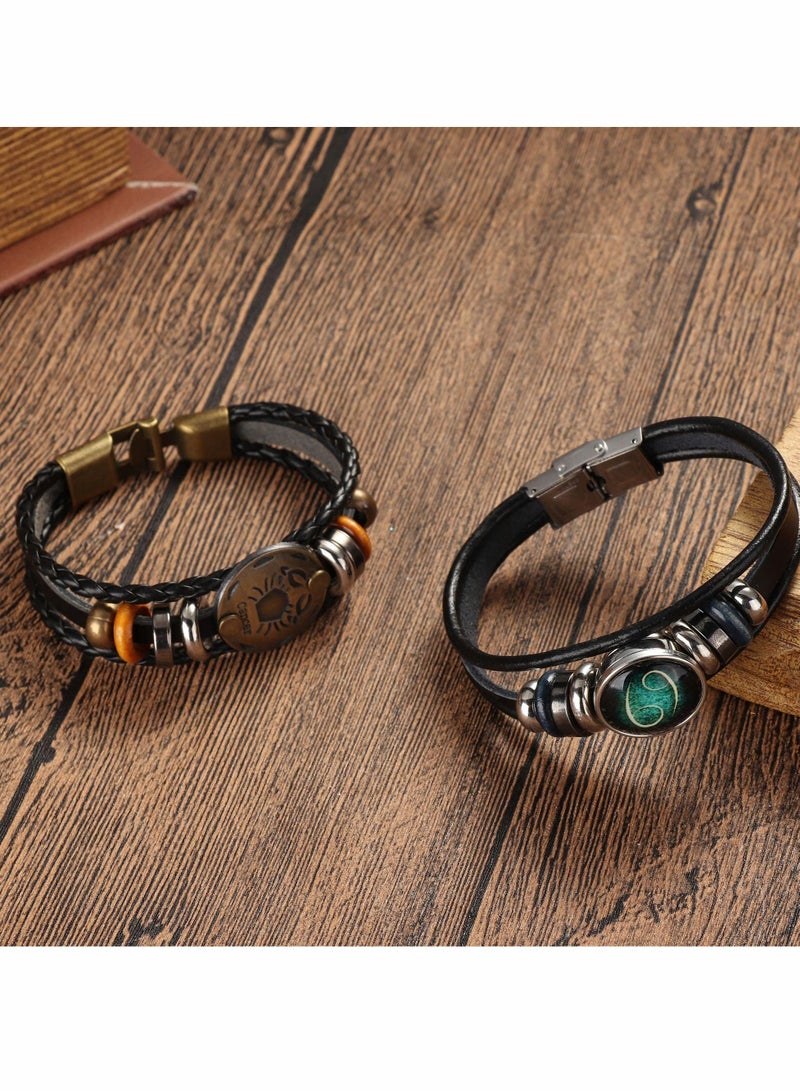 KASTWAVE 12 Constellation Bracelet, Braided Leather Bracelet Vintage Hand Braided Punk Chain Bracelet 8.0" 8.5" 2 Pieces - Image 5