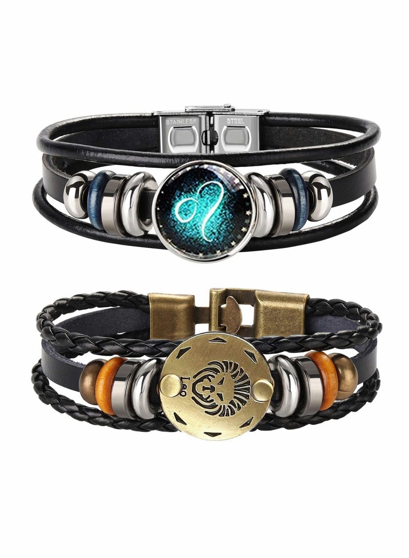 KASTWAVE 12 Constellation Bracelet, Braided Leather Bracelet Vintage Hand Braided Punk Chain Bracelet 8.0" 8.5" 2 Pieces - Image 1