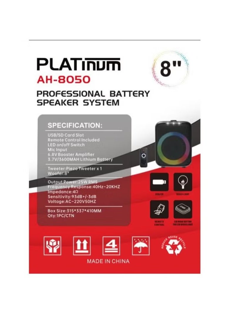 Platinum AH-8050 Professional Portable Bluetooth Speaker with LED Light and Lithium Battery - Image 2