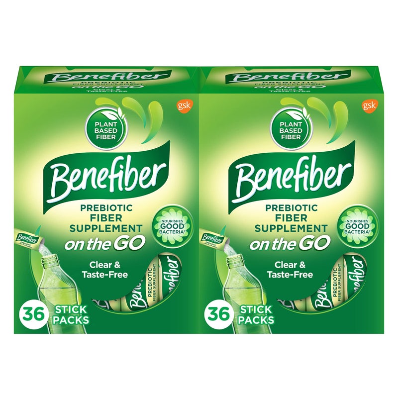 Benefiber On The Go Prebiotic Fiber Supplement Powder for Digestive Health Daily Powder Unflavored Stick Packs 36 Sticks Pack of 2