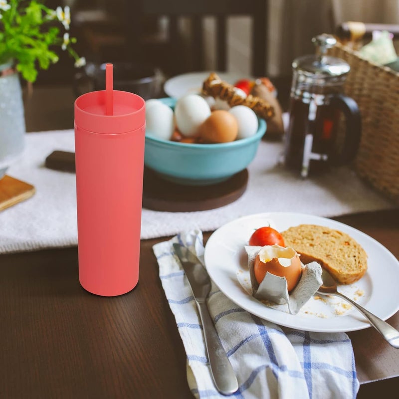 Volhoply كوب بلاستيكي نحيف من Volhoply سعة 20 أونصة، كوب ذو طبقتين مع غطاء وقشة، كوب قهوة مثلج قابل لإعادة الاستخدام أثناء السفر، أكواب ماء من الأكريليك المات مع قشة خالية من مادة BPA للاستخدام في الحفلات، هدايا يمكن صنعها بنفسك (لون أحمر، مجموعة واحدة) - Image 5