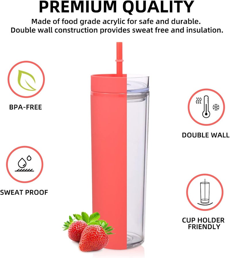 Volhoply كوب بلاستيكي نحيف من Volhoply سعة 20 أونصة، كوب ذو طبقتين مع غطاء وقشة، كوب قهوة مثلج قابل لإعادة الاستخدام أثناء السفر، أكواب ماء من الأكريليك المات مع قشة خالية من مادة BPA للاستخدام في الحفلات، هدايا يمكن صنعها بنفسك (لون أحمر، مجموعة واحدة) - Image 2
