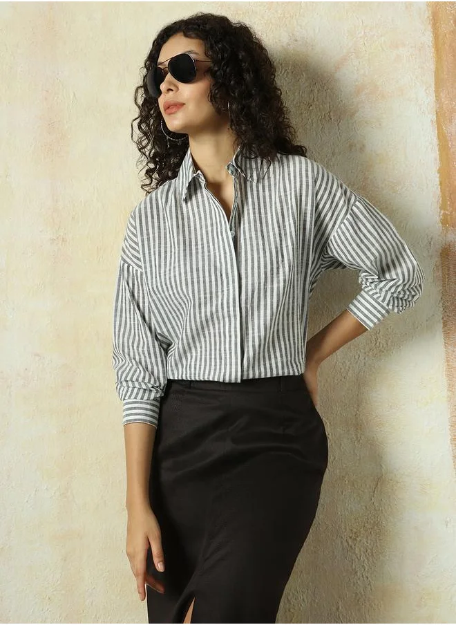 HIGH STAR Women Shirts in Black featuring Oversized fit with a striped pattern, spread collar collar, spread collar neckline, long sleeve, secured with button closure, crafted from 100% cotton – designed to make a statement wherever you go.