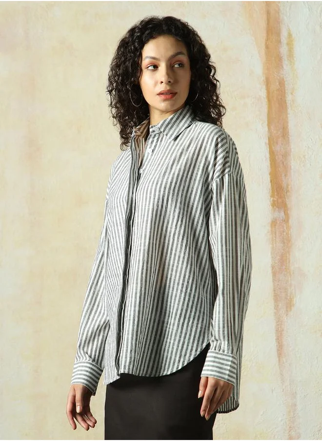 هاي ستار Women Shirts in Black featuring Oversized fit with a striped pattern, spread collar collar, spread collar neckline, long sleeve, secured with button closure, crafted from 100% cotton – designed to make a statement wherever you go.