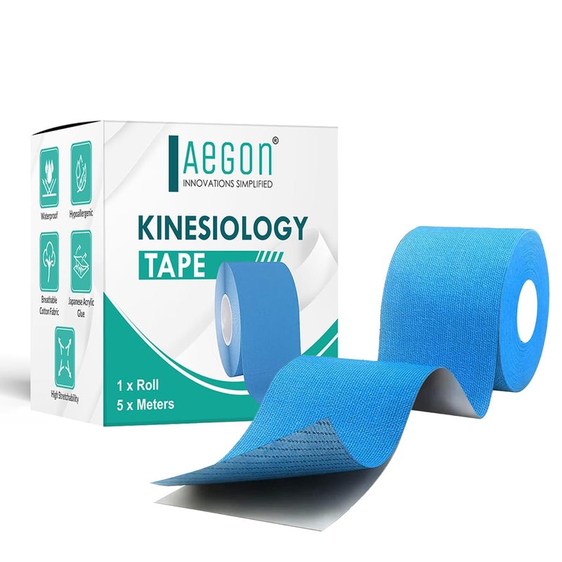 AEGON Waterproof Kinesiology Tape 5 Metres Latex Free Breathable Athletic Sports Tape For Injury, Muscle Support, Pain Relief, Joint Support And Physiotherapy (Blue, 5 cm) - Image 1