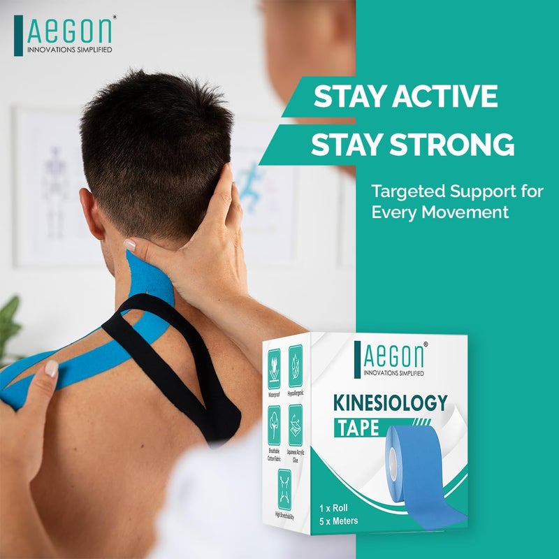 AEGON Waterproof Kinesiology Tape 5 Metres Latex Free Breathable Athletic Sports Tape For Injury, Muscle Support, Pain Relief, Joint Support And Physiotherapy (Blue, 5 cm) - Image 2