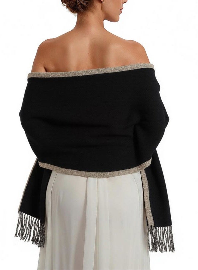 XuoAz Winter Scarf for Women Pashmina Shawl Wraps for Evening Dress Fall Winter Warm Large Blanket Scarves, Black & Beige, M - Image 1