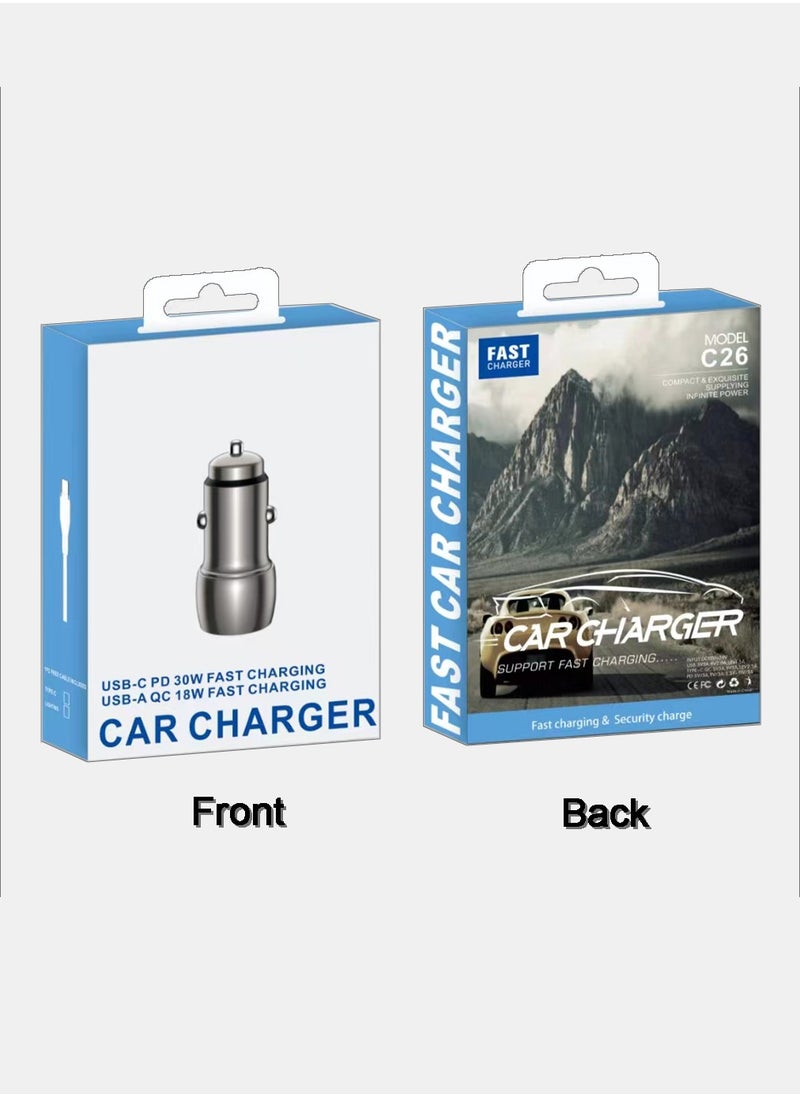 Generic - 30W Fast Car Charger / Super Mini / All Metal / PD & QC 3.0 / Dark Grey / With Type-C Cable Free - Image 1