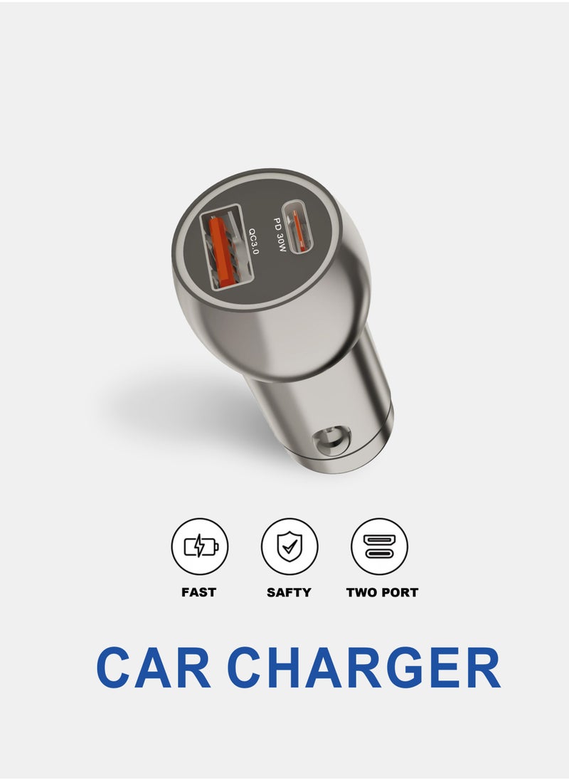 Generic - 30W Fast Car Charger / Super Mini / All Metal / PD & QC 3.0 / Dark Grey / With Type-C Cable Free - Image 1