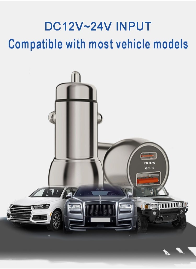 Generic - 30W Fast Car Charger / Super Mini / All Metal / PD & QC 3.0 / Dark Grey / With Type-C Cable Free - Image 1