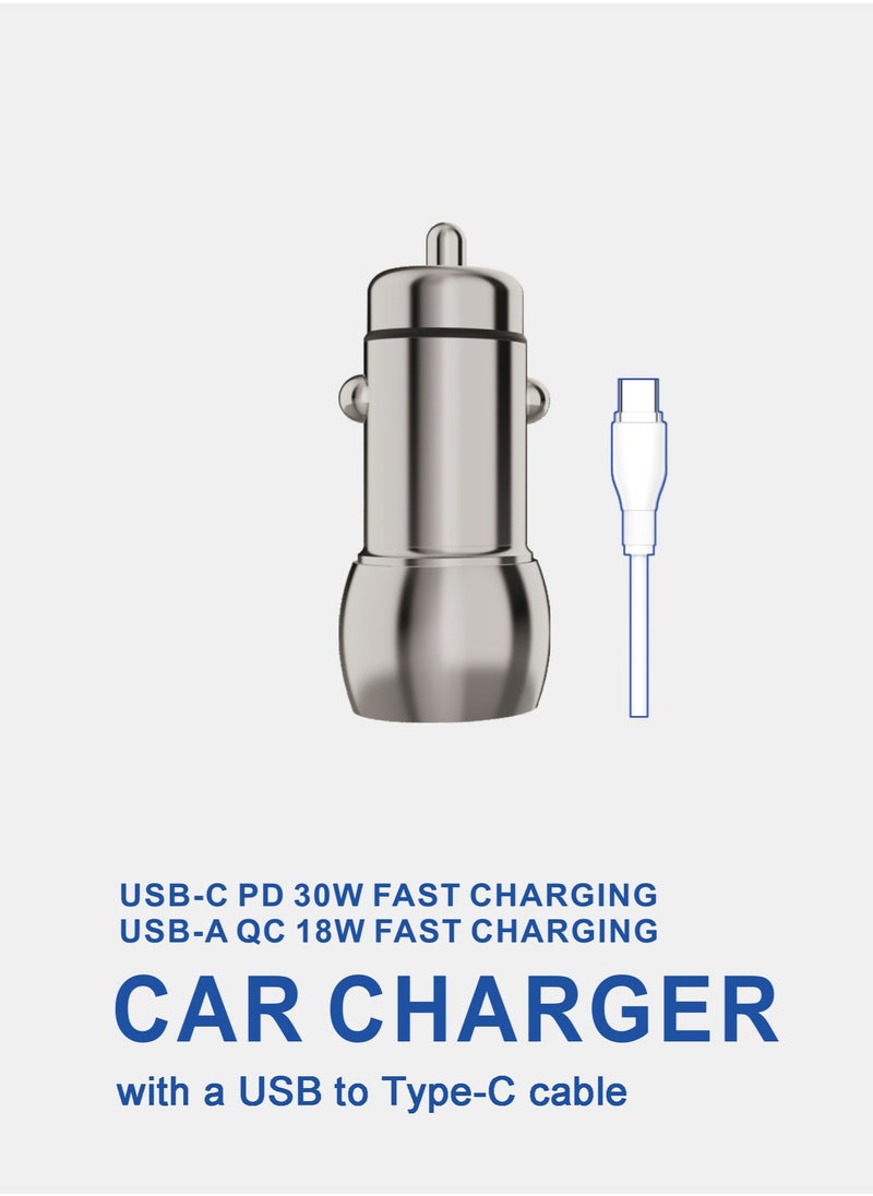 Generic - 30W Fast Car Charger / Super Mini / All Metal / PD & QC 3.0 / Dark Grey / With Type-C Cable Free - Image 1