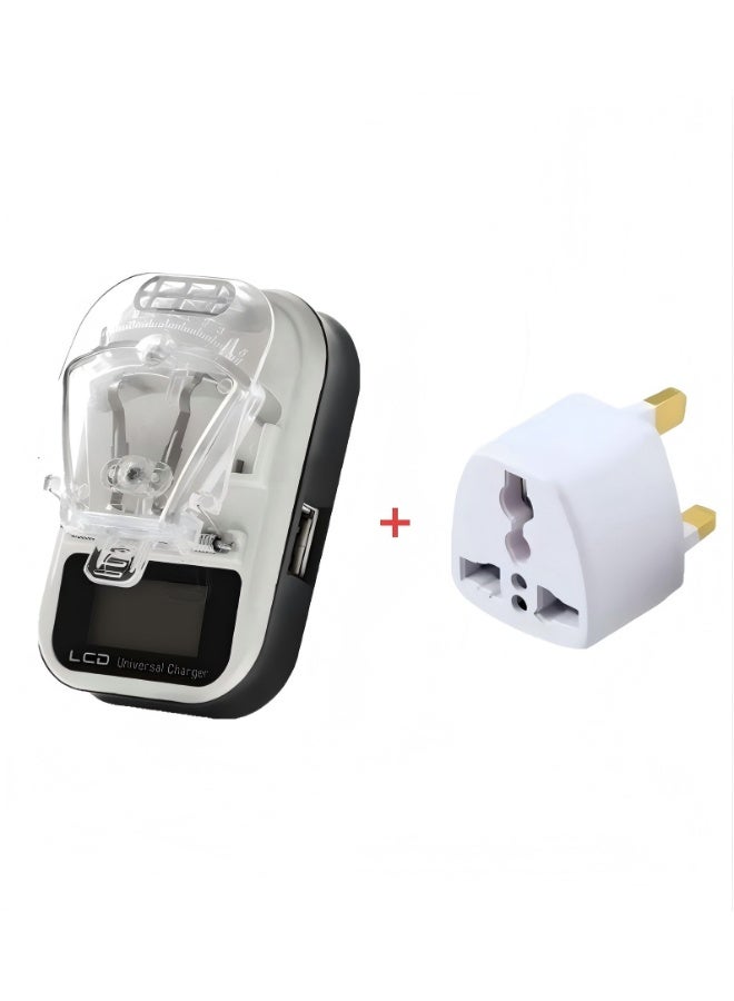 Universal Travel Plug Adapter + EU Universal Battery Charger Set, Multi Plug Converter AU/UK/EU/US to US, LCD Li-ion Battery Charger for Mobile Phones Camera PDA - Image 1