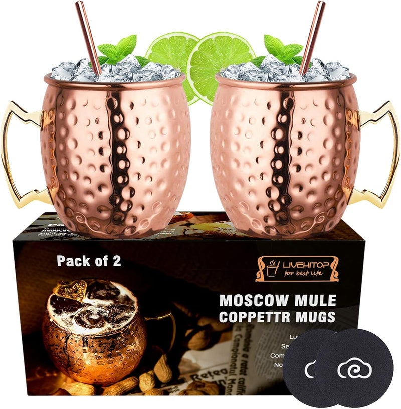 LIVEHITOP Moscow Mule Copper Mugs Set of 2, Copper Cups 19.5 Oz Cocktail Kit with Straw Coaster for Wine, Beer, Cold Drink, Bar, Party, Gifts - Image 1