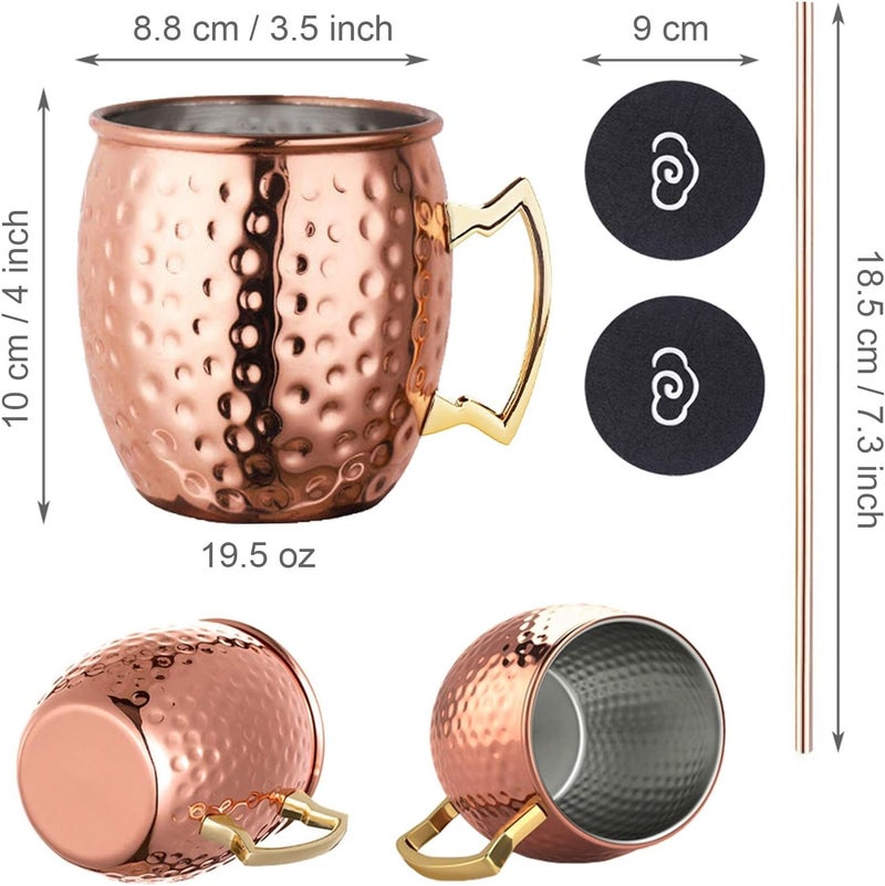 LIVEHITOP Moscow Mule Copper Mugs Set of 2, Copper Cups 19.5 Oz Cocktail Kit with Straw Coaster for Wine, Beer, Cold Drink, Bar, Party, Gifts - Image 3