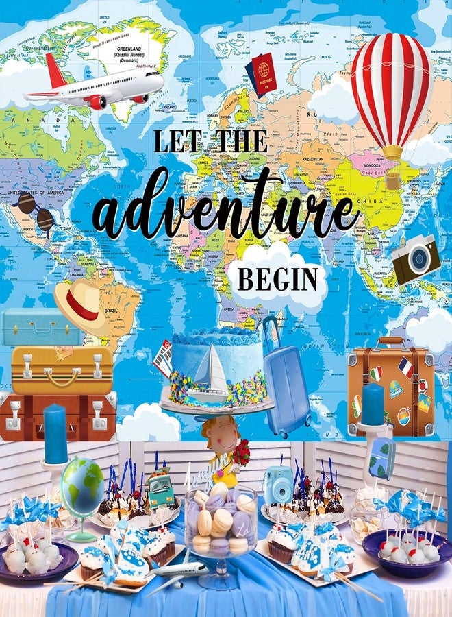 BUTEN Adventure Awaits Backdrop Travel Theme Photography Backdrop Let The Adventure Begin Banner World Map Graduation Travel Birthday Baby Shower Party Decorations Background (7X5FT(82x59inch)) - Image 4