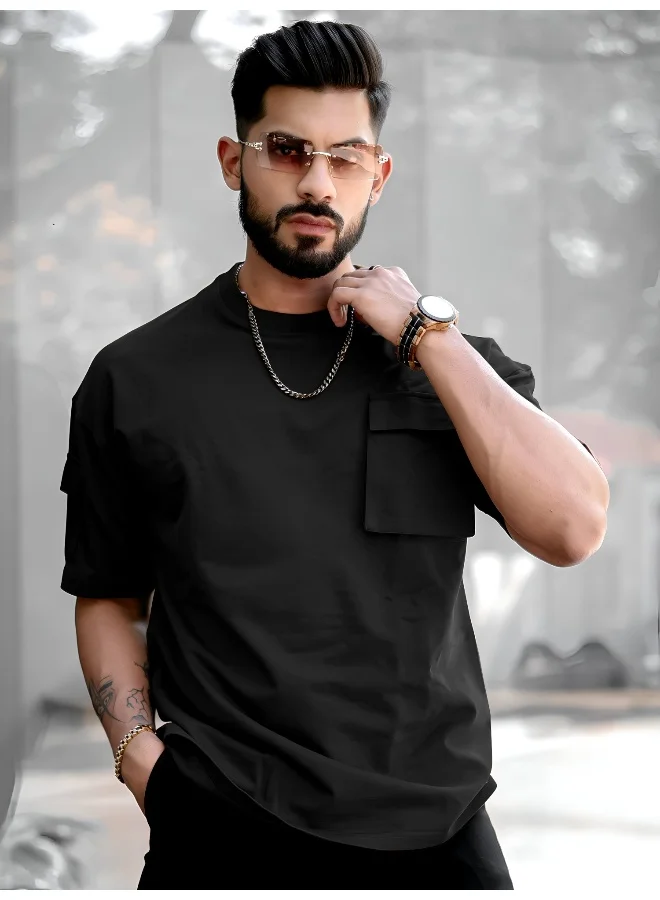 Maniac Mens Solid Polo Neck 3/4th Sleeve Black Cotton T-Shirt