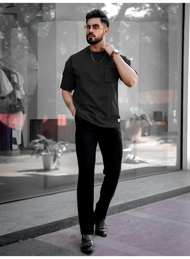 Maniac Mens Solid Polo Neck 3/4th Sleeve Black Cotton T-Shirt