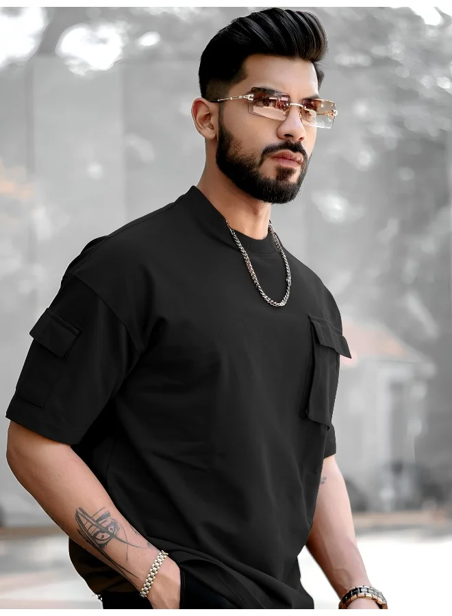 Maniac Mens Solid Polo Neck 3/4th Sleeve Black Cotton T-Shirt