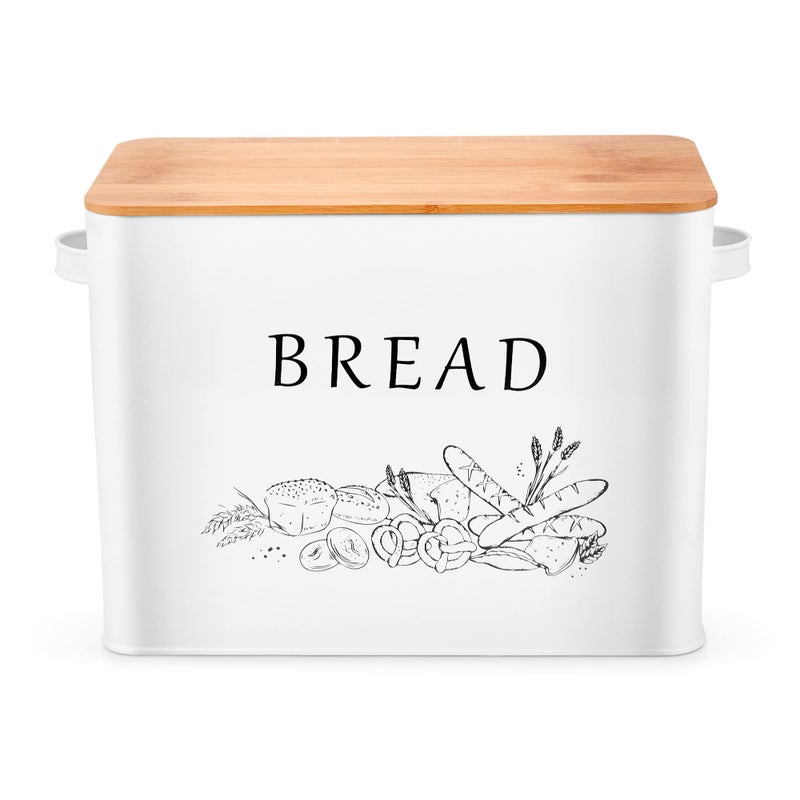 Herogo Bread Bin Metal Bread Box with Wooden Lid for Cutting Bread Board Extra Large Bread Holder Holds 2 Loaves Space Saving Bread Storage for Kitchen Countertop 33x18x245cm White