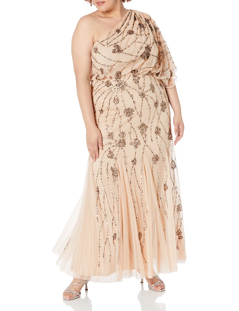 Adrianna Papell Women's One Shoulder Beaded Blousant Dress, Nude, 8 - Image 1