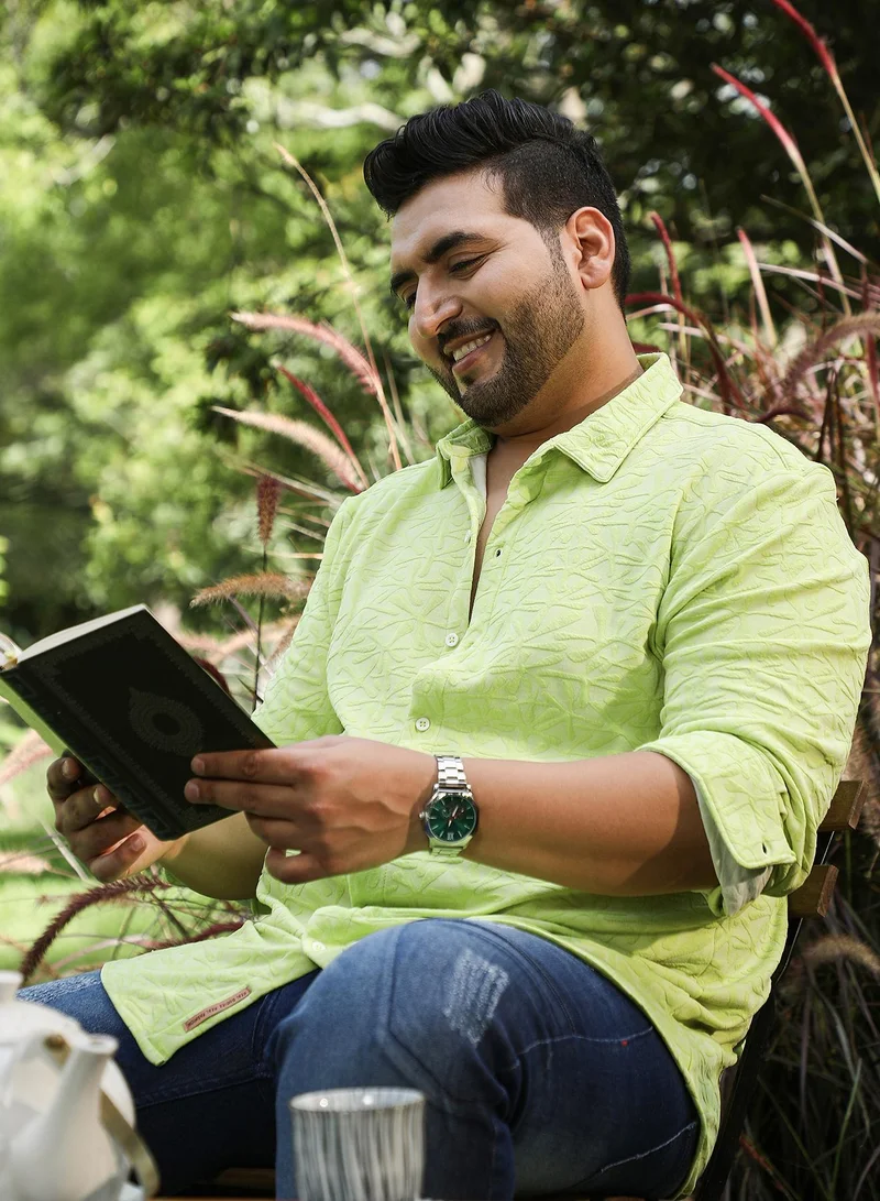 Instafab Plus Instafab Plus Men's Lime Green Splatter-Flora Tactile Shirt For Casual Wear | Spread Collar | Long Cuffed Sleeves | Button Closure | Plus Size Shirt Crafted With Comfort Fit For Everyday Wear