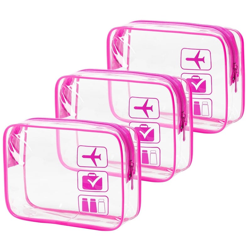 BEHAHAI 3Pcs Clear Travel Toiletry Bags TSA Approved Cosmetic Makeup Bag Portable Travel Accessories Airport Airline Compliant Bag for Men and Women Pink - Image 1
