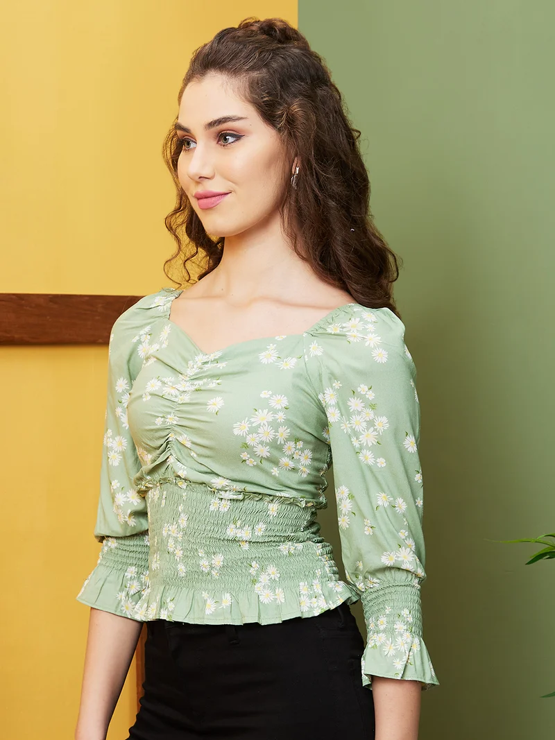 globus Women Floral Printed Frilled & Cinched Top