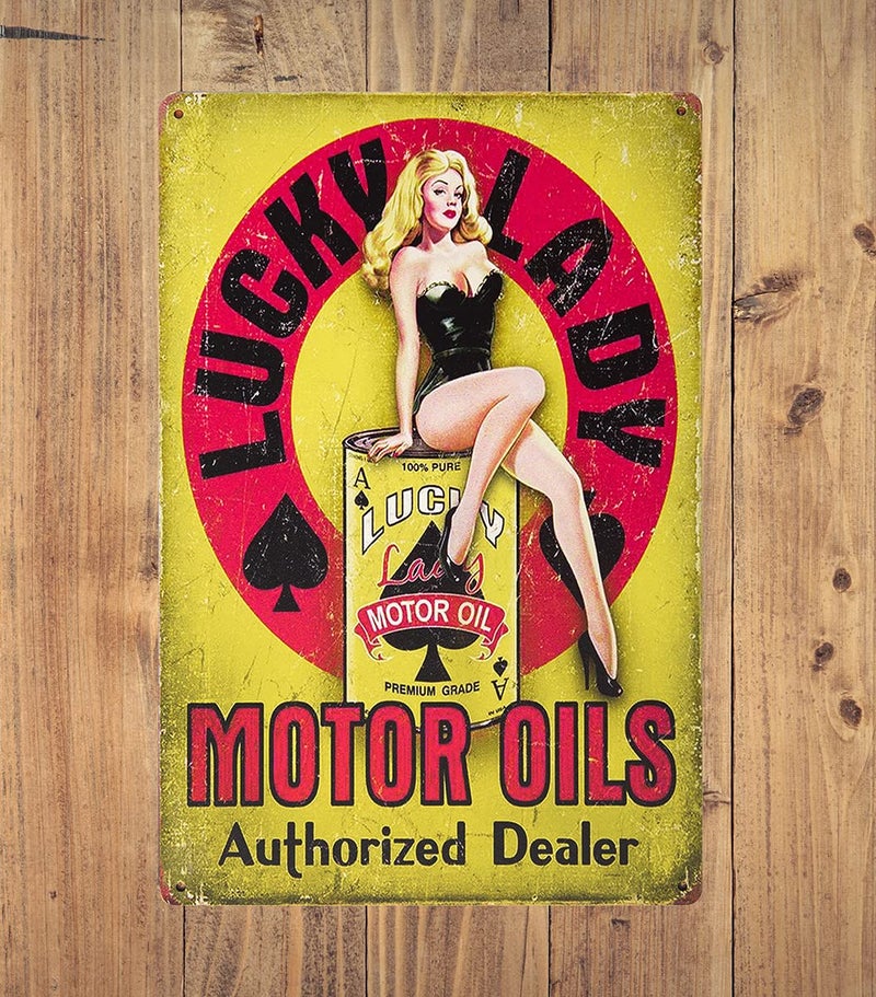 ERLOOD Lucky Lady Motor Oil Gas Service Garage Dealer Pin up Girl Retro Vintage Decor Tin Sign 12 X 8 - Image 4