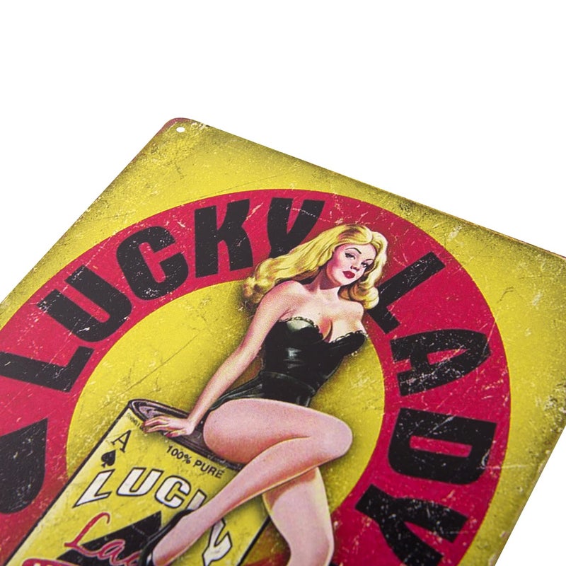 ERLOOD Lucky Lady Motor Oil Gas Service Garage Dealer Pin up Girl Retro Vintage Decor Tin Sign 12 X 8 - Image 2