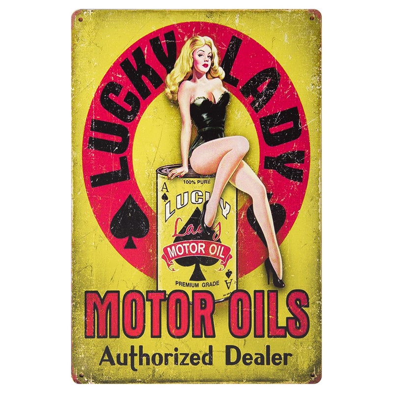 ERLOOD Lucky Lady Motor Oil Gas Service Garage Dealer Pin up Girl Retro Vintage Decor Tin Sign 12 X 8 - Image 1