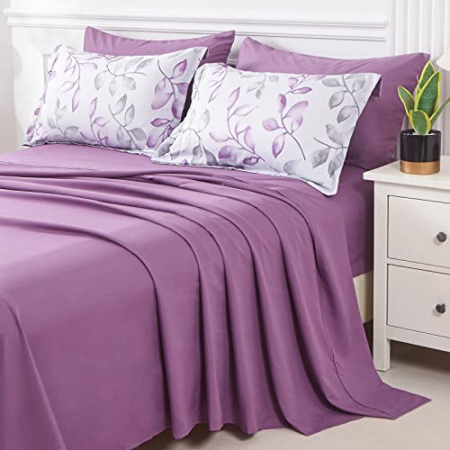 Yogeneg Botanical Comforter Set Queen Size 7 PCS Bed in a Bag,Purple Grey Leaves Printed on White Reversible Design,Soft Microfiber Bedding Complete Set for All Season(Purple,Queen) - Image 4