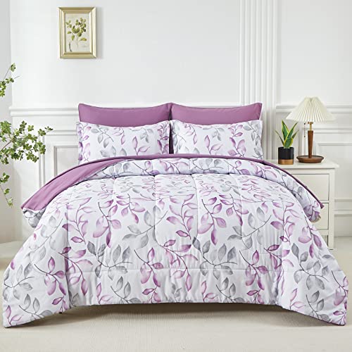 Yogeneg Botanical Comforter Set Queen Size 7 PCS Bed in a Bag,Purple Grey Leaves Printed on White Reversible Design,Soft Microfiber Bedding Complete Set for All Season(Purple,Queen) - Image 1