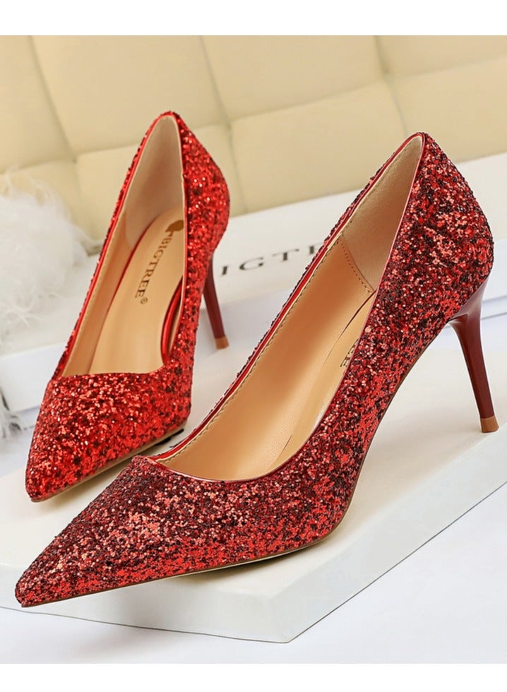 بيج تري Women's Shiny Sequins Fashionable Stiletto Pumps 7 cm Elegant Gorgeous Closed Pointed Toe Slip On Solid High Heels Red - Image 1