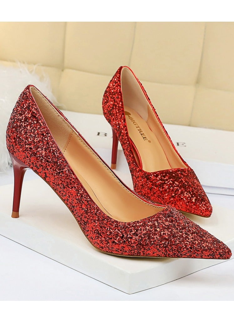 بيج تري Women's Shiny Sequins Fashionable Stiletto Pumps 7 cm Elegant Gorgeous Closed Pointed Toe Slip On Solid High Heels Red - Image 2