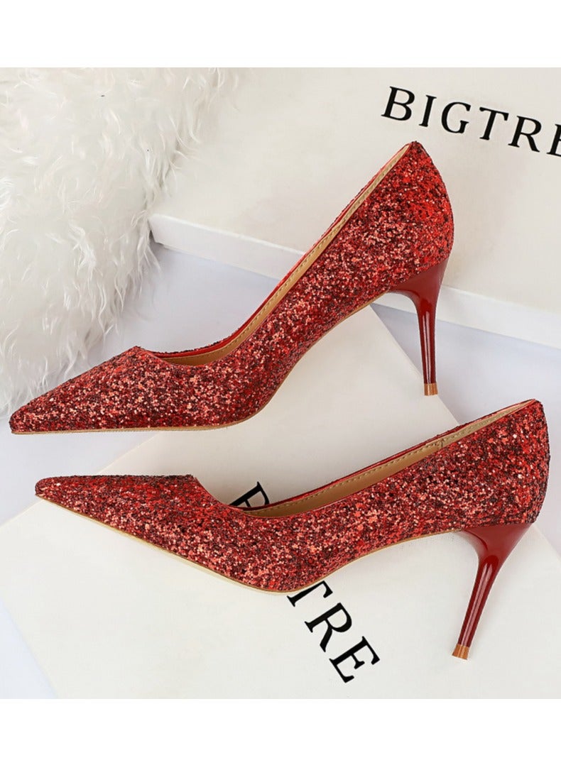 بيج تري Women's Shiny Sequins Fashionable Stiletto Pumps 7 cm Elegant Gorgeous Closed Pointed Toe Slip On Solid High Heels Red - Image 3
