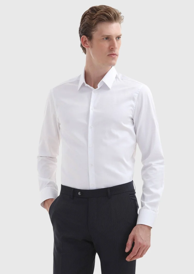 RAMSEY White Plain Super Slim Fit Long Weaving Classical 100% Cotton Shirt
