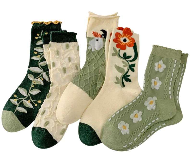 MarJunSep Cute Floral Crew Socks for Women Teen Girls Flower Cottagecore Frilly Vintage Fancy Cotton Socks Fun Green - Image 1