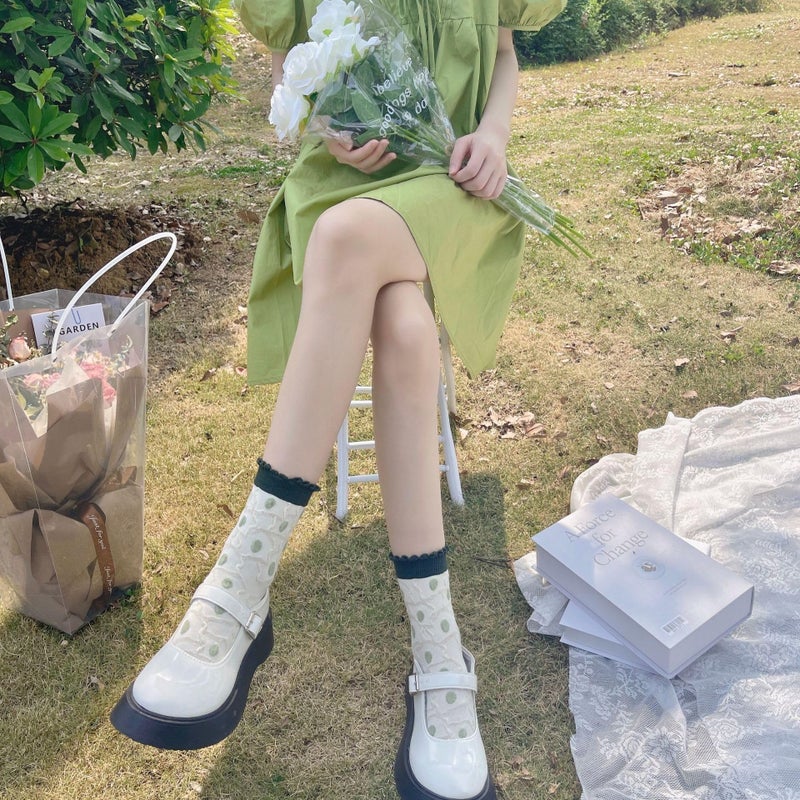 MarJunSep Cute Floral Crew Socks for Women Teen Girls Flower Cottagecore Frilly Vintage Fancy Cotton Socks Fun Green - Image 4