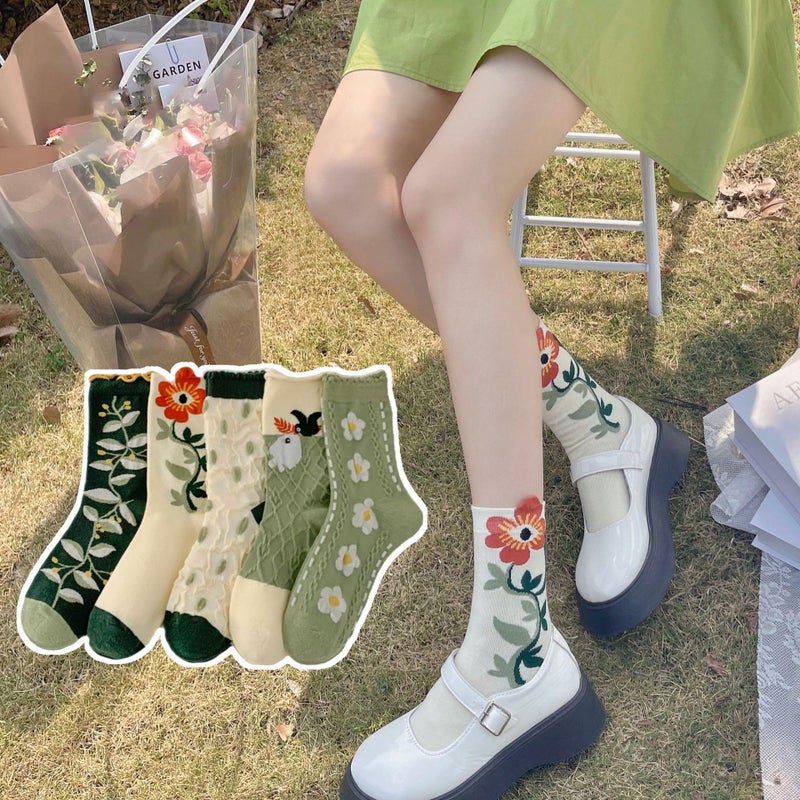 MarJunSep Cute Floral Crew Socks for Women Teen Girls Flower Cottagecore Frilly Vintage Fancy Cotton Socks Fun Green - Image 2