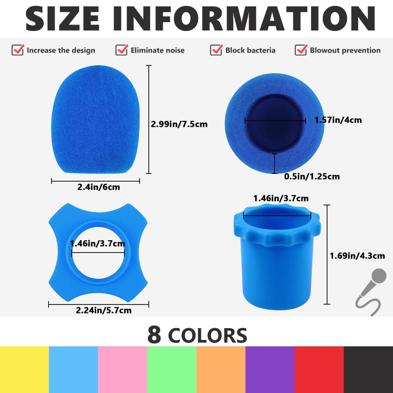 Flutesan 8 Set Microphone Cover Foam Mic Cover Microphone Windscreen Shakeproof Wireless Handheld Mic Protection Silicone Ring Anti Rolling Bottom Rod Sleeve Holder Foam Filter(Mixed) - Image 2